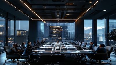 商业大厦会议室内高管秘密会谈场景，桌上摆放着标注敏感数字的财务报告，展现商业内幕黑料的严肃氛围