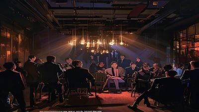 娱乐圈明星私下聚会场景的还原示意图，灯光昏暗的包厢内多名公众人物在场，与其公开形象形成强烈反差